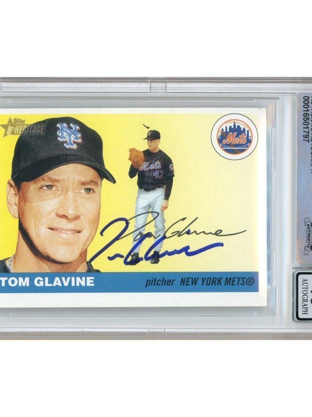 Tom Glavine Signed 2004 Topps Heritage #225 NY Mets HOF Beckett Slab BGS Auto 10